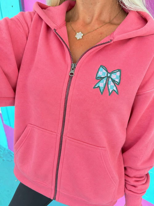 Checkered Bow Coral Embroidered Zip-Up Sweatshirt