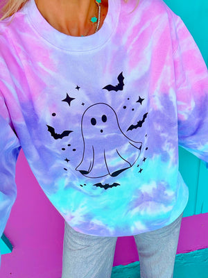 Cutesy Ghost Cotton Candy Tie-Dye Sweatshirt