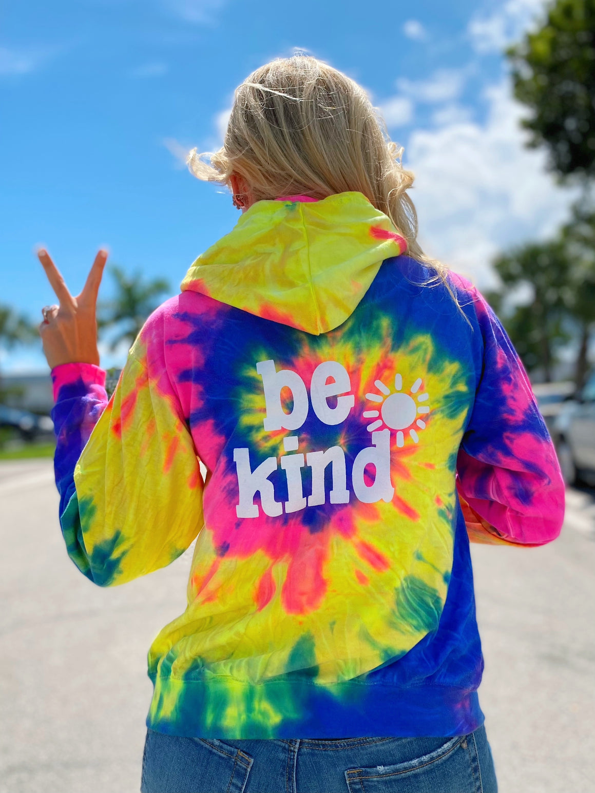 BE KIND ZIP UP HOODIE NEON RAINBOW - Main Image
