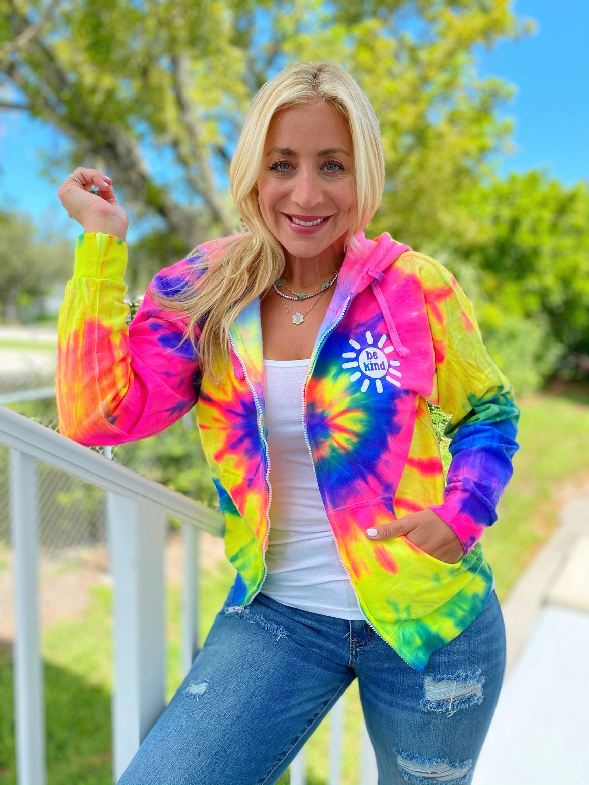 Neon Rainbow Tie Dye Rainbow Zip Up Hoodie BE KIND ZIP UP HOODIE